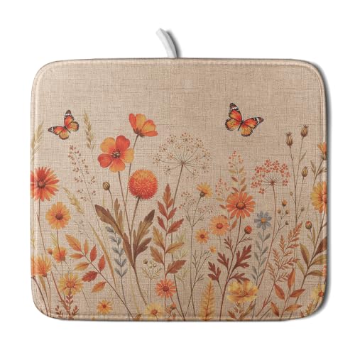 Rustic Fall Flowers Dish Drying Mat Retro Autumn Orange Floral Butterfly Dish Drainer Mats 16"x18" Microfiber Reversible Dish Drying Rack Pad Protector for Kitchen Countertop Decor
