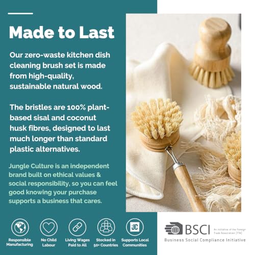 Bamboo Dish Brush Set • 6 Piece with Bottle Brush & Scrubber (6 Count)