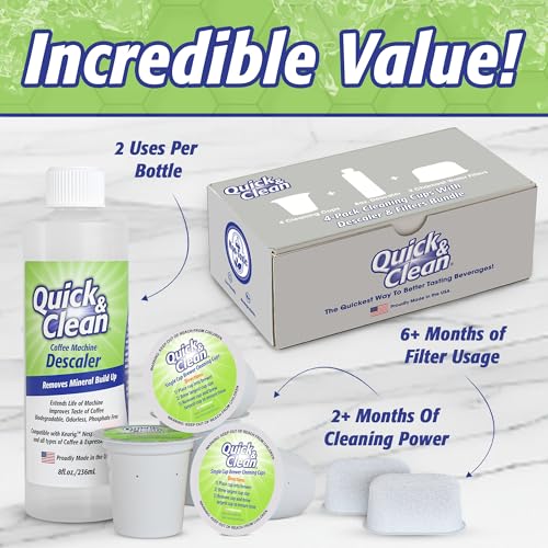 4 Pack Cleaning Cups with Descaler and Filters Bundle (32 Fl Oz)