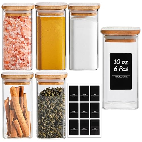 Glass Spice Jars with Labels 10 oz 6 Pack Large Square Bamboo Lids (6 Count)