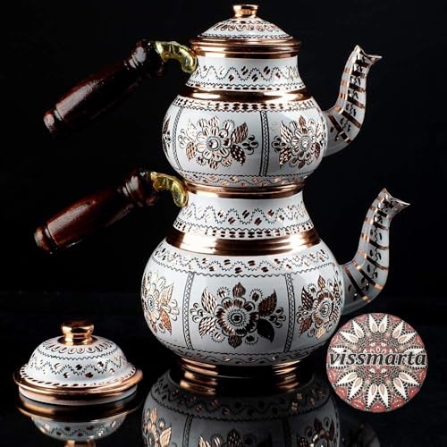 Handmade Copper Turkish Teapot Tea Kettle Pots Set for Stove Top Stovetop Decorative Infuser Vintage Antique Arabic Farmhouse Tray Cups Serving Party Moroccan Decor Style Persian Kitchen Fancy Gift (2 Count)