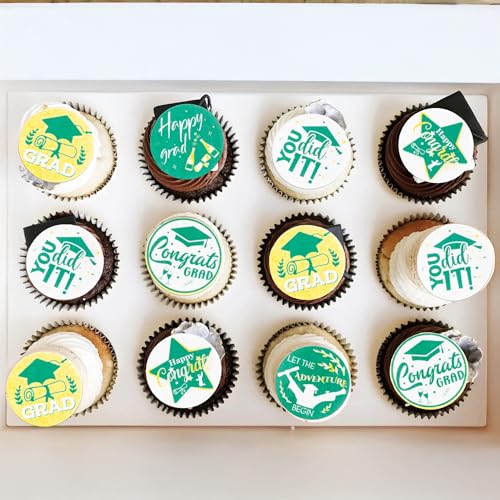 48Pcs 2026 Graduation Cupcake Toppers Wafer Paper Class of 2026 Cake Decorations Edible Congrats Grad Cupcake Picks for 2026 Graduation Theme Party Cake Supplies Green Gold (48 Count)