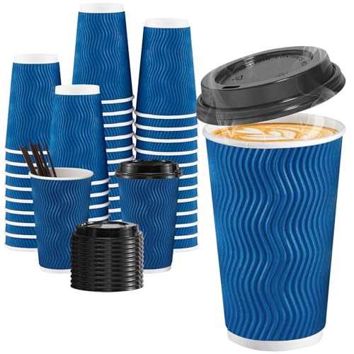 90 Pack 16 oz Disposable Coffee Cups with Lids and Straws (90 Count)