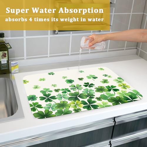 Happy St. Patrick's Day Dish Drying Mat for Kitchen Green Kitchen Dish Drying Mat for Dishes Spring Lucky Clover Shamrock Drying Mats 18x24 Inch Absorbent Reversible Dish Pad for Countertop Coffee Bar