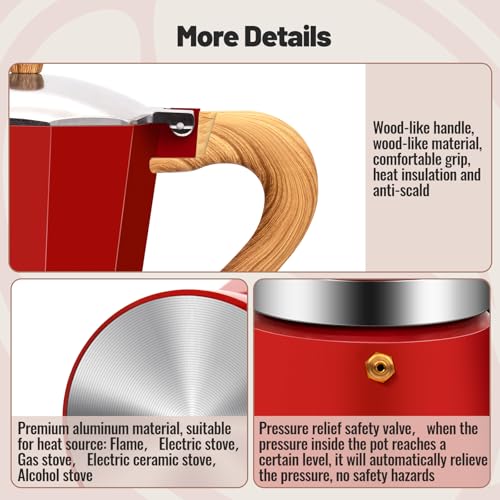 12 Cup Aluminum Moka Pot Classic Stovetop Espresso Coffee Maker 600ml 20oz Coffeemaker Percolator Mocha Pot Greca Coffee Maker Cafe Makers for Italian and Cuban Café Brewing Red