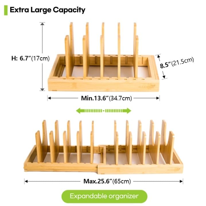 Pots and Pans Organizer under Cabinet Expandable Bamboo Pot Lid Holder Rack