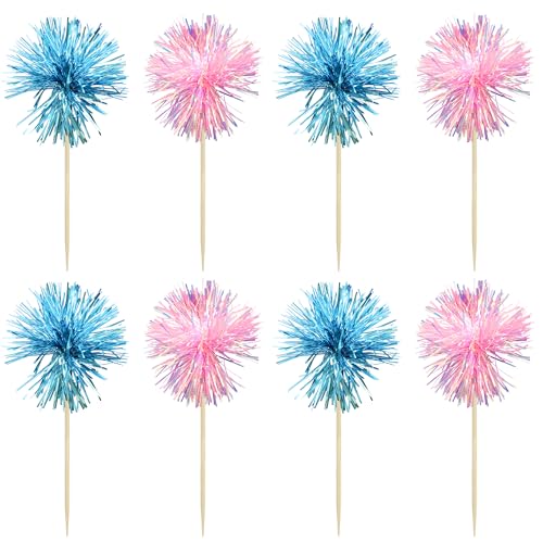 30Pcs Foil Firework Cupcake Toppers Sparkle Tinsel Cake Toppers Tinsel Drink Cake Decoration Cocktail Picks for Birthday Wedding Graduation Party Supplies Light Blue Pink (30 Count)