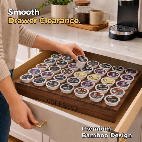 Bamboo K Cup Holder Drawer or Countertop K Cup Organizer Coffee Pod Holder Hold 35 Coffee Pod Storage Kcup Coffee Pods Holder for Coffee Station Office and Kitchen K Cup Storage