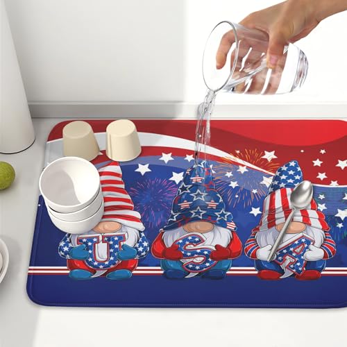 4th of July Dish Drying Mat 18x24 Inch Spring Summer Patrioti Gnome Memorial Kitchen Mats Independece Day Absorbent Dishes Pad for Kitchen Counter Usa Stars Drying Mat Home Decor Countertops