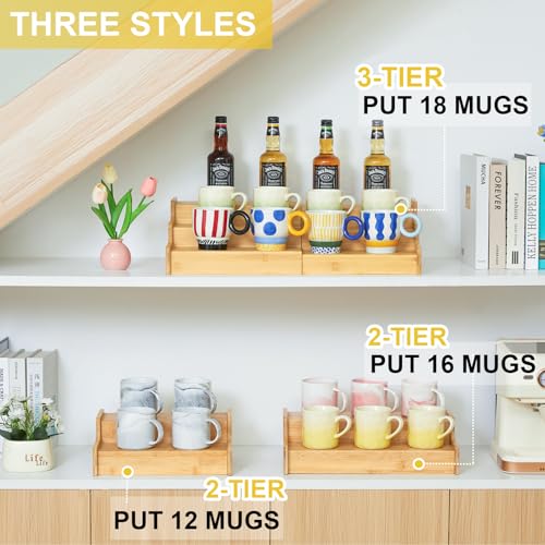 3 Tier Expandable Bamboo Mug Holder For Countertop Coffee Cup Holder Display Mug Organizer Mug Rack for Coffee Bar Organizer Mug Shelf for Cabinet for Kitchen (16 Ounce)