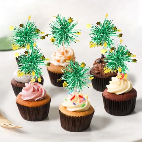 30 PCS Foil Firework Cupcake Toppers Happy Birthday Star Cupcake Picks Sparkle Tinsel Drink Stirrers Cocktail Fruit Toothpicks for Valentine's Day Wedding Birthday Party Decorations Supplies Green (30 Count)