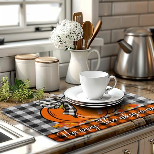 Fall Pumpkin Dish Drying Mats Thanksgiving Kitchen Drying Mat Buffalo Plaid Microfiber Large Dish Dryer Pad Maple Leaves Absorbent Dishes Drain Matt XL Washable Foldable