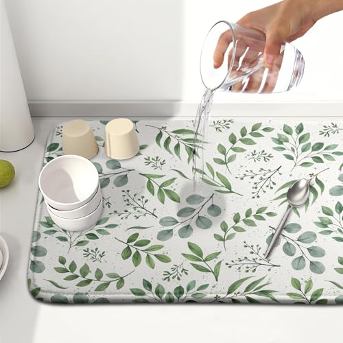 Sage Green Dish Drying Mat 16x18 In Absorbent Reversible Eucalyptus Leaves Plant Drying Mat Green Plant Dish Drying Rack Mat Spring Summer Themed Dish Drainer Mat for Kitchen Counter Coffee Bar
