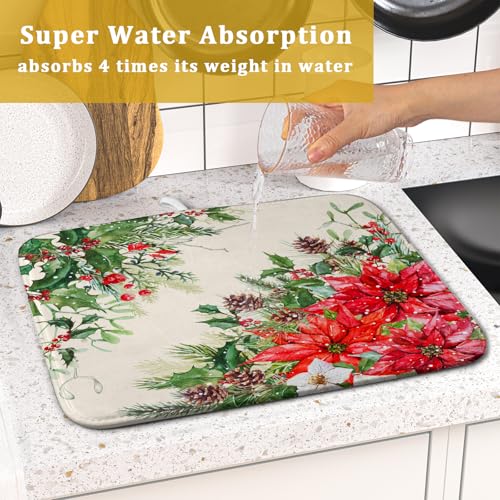 Poinsettia Dish Drying Mat for Countertop 16"x18" Christmas Red Floral Winter Holly Berries Flowers Dish Drainer Mats Microfiber Dish Drying Pad Protector for Kitchen Home Decor Small
