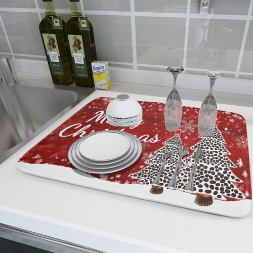 Merry Christmas Tree Red Dish Drying Mat for Kitchen Counter