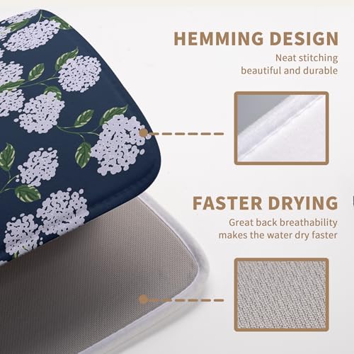 Navy Blue Hydrangea Dish Drying Mats Spring Summer Dish Mat Vintage Floral Drying Matt Dishes Dryer Pad for Kitchen Counter Absorbent Microfiber Washable Foldable Reusable 18x24 in