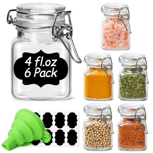 Square Glass Spice Jars 4 oz 6 Pack with Labels and Funnel Set (6 Count)