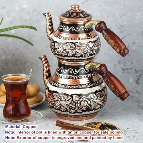 Copper Turkish Teapot Tea Kettle Pots Set for Stove Top Stovetop Decorative Infuser Vintage Antique Arabic Farmhouse Tray Cups Serving Party Moroccan Decor Style Persian Kitchen Fancy