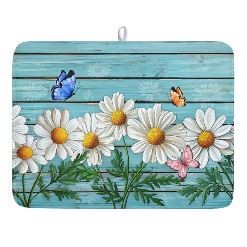 Daisy Dish Drying Mat for Kitchen Counter 18”x24” Rustic Daisy Absorbent Dish Drying Mat Reversible Microfiber Dish Drainer Rack Fast Drying Mat for Countertops Tableware Decor