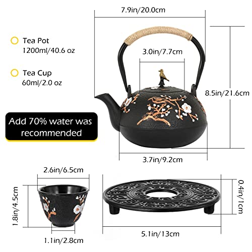Cast Iron Teapot 40.6oz Japanese Tea Kettle Set with 4 Tea Cups