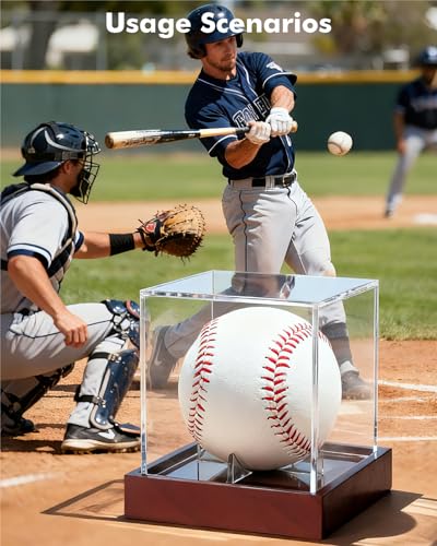 Acrylic Baseball Memorabilia Display Case UV Shield Wood Base