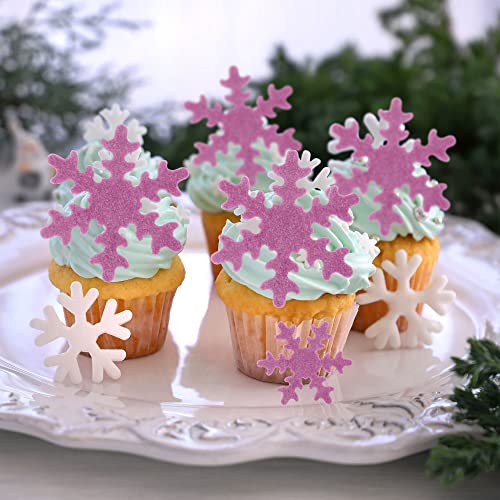 50Pcs Purple Edible Cupcake Toppers Snowflakes Cake Toppers Snowflakes Cake Decoration Winter Frozen Birthday Party Supplies (50 Count)