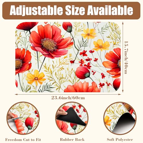 Red and Yellow Flowers Coffee Mat Absorbent Dish Drying Mat for Kitchen Counter Hide Stain Rubber Backed Coffee Bar Accessories Fit Under Espresso Machine Dish Drainer
