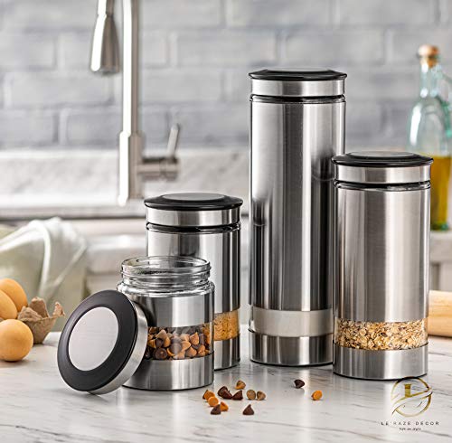 Airtight Glass Canister Set of 4 with Stainless Steel Sleeve for Kitchen Counter (4 Count)