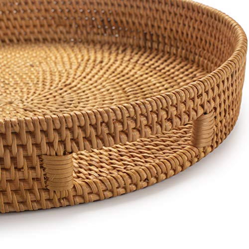 Coffee Table Tray Round Rattan Ottoman Tray Woven Serving Trays with Handles for Home and Kitchen Decorative Natural