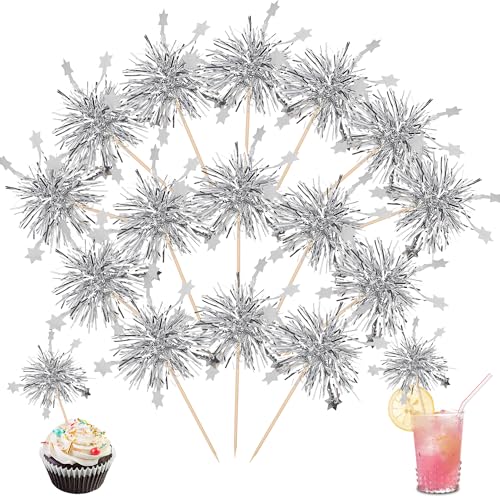 30 PCS Foil Firework Cupcake Toppers Star Cupcake Picks Sparkle Tinsel Flower Drink Stirrers Cocktail Food Fruit Toothpicks for Valentine's Day Birthday Party Cake Decorations Supplies Silver (30 Count)