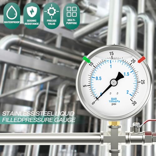 0 30PSI Stainless Steel Liquid Filled Pressure Gauge
