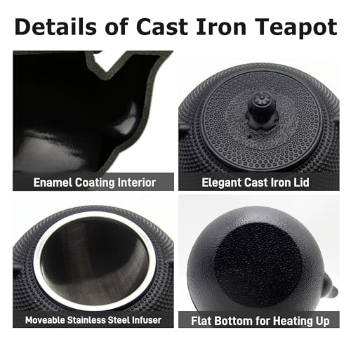 40.6oz Black Cast Iron Tea Pot Set with Teacups
