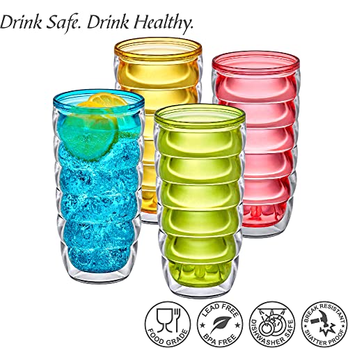 Arctic - 24-Ounce Insulated Plastic Tumblers (Set of 4), Double-Wall Plastic Drinking Glasses, Mixed-Color High-Balls, Reusable Cups, BPA-Free, Shatter-Proof, Dishwasher-Safe (4 Count)
