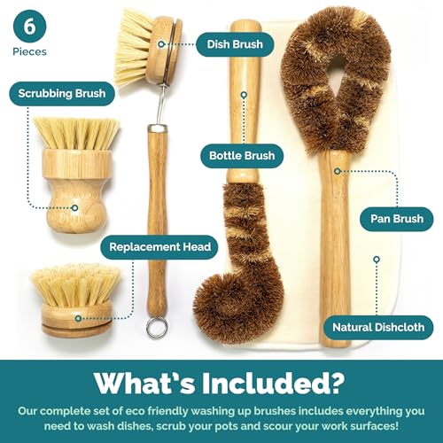 Bamboo Dish Brush Set • 6 Piece with Bottle Brush & Scrubber (6 Count)