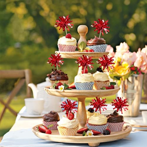 30Pcs Foil Firework Cupcake Toppers Sparkle Tinsel Cake Toppers Tinsel Drink Cake Decoration Cocktail Picks for Birthday Wedding Graduation Party Supplies Red (30 Count)