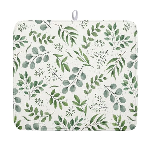 Sage Green Dish Drying Mat 16x18 In Absorbent Reversible Eucalyptus Leaves Plant Drying Mat Green Plant Dish Drying Rack Mat Spring Summer Themed Dish Drainer Mat for Kitchen Counter Coffee Bar