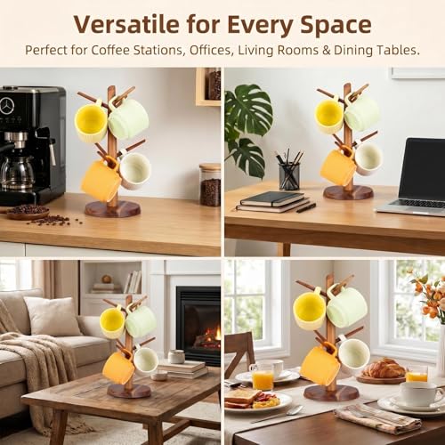Acacia Wood Coffee Mug Tree Holder Countertop with 6 Hooks
