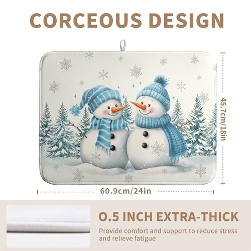 Winter Dish Drying Mat Winter Snowman Large Kitchen Mats Dish Drying Pad Blue Snowman Pine Tree Absorbent Dish Dryer Mat for Kitchen Countertops Microfiber Drainer Pad Dish Drying Mats