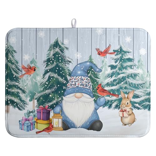 Winter Gnome Dish Drying Mat Christmas Tree Snowman Large Kitchen Mats Dish Drying Pad Bird Absorbent Dish Dryer Mat for Kitchen Countertops Microfiber Drainer Pad Dish Drying Mats