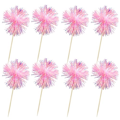 30Pcs Foil Firework Cupcake Toppers Sparkle Tinsel Cupcake Picks Happy Birthday Cake Toppers Drink Cocktail Food Fruit Toothpicks for Baby Shower Birthday Party Supplies Pink (30 Count)