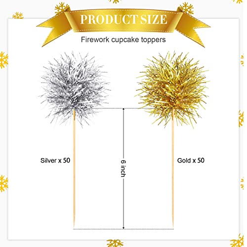 100 Pcs Foil Firework Cupcake Toppers Gold and Silver Sparkle Tinsel Cake Toppers New Year Cake Decoration Cocktail Fruit Toothpick for Birthday Wedding Graduation Party (100 Count)