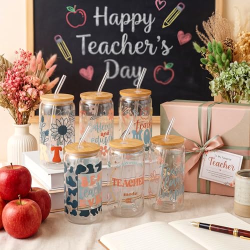12 Sets End of Year Teacher Gifts Bulk Teacher Appreciate Glass Cups with Lids and Straws 16 oz Iced Coffee Cup Cute Thank You Gift for Daycare Preschool Kindergarten Back to School (12 Count)