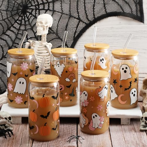 12 Pcs Halloween Ghost Glass Cups Bulk 16 oz Cute Pink Spooky Iced Coffee Cup with Lids Straws Pastel Pumpkin Bat Tumbler Funny Halloween Mug Gifts Boo Basket Stuffers for Her Women Adults (12 Count)