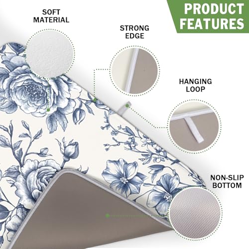 Vintage Floral Dish Drying Mat for Kitchen Counter Blue Floral Chinoiserie Pattern Dish Drying Pad 16x18 In Absorbent French Farmhouse Decor Dishes Drainer Pad Dish Dry Rack Mat for Counter Coffee Bar