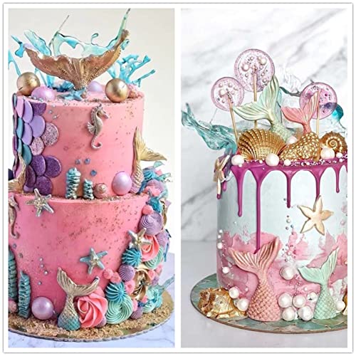 Mermaid Theme Cake Fondant Mold 3pcs Seahorse Seashell Starfish Mermaid Tail Under the Sea Silicone Baking Mold for Chocolate Candy Cake Decoration Polymer Clay Gum Paste Craft