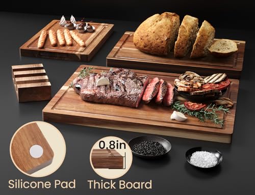 Set of 3 Large Acacia Wood Kitchen Cutting Boards with Holder (3 Count)