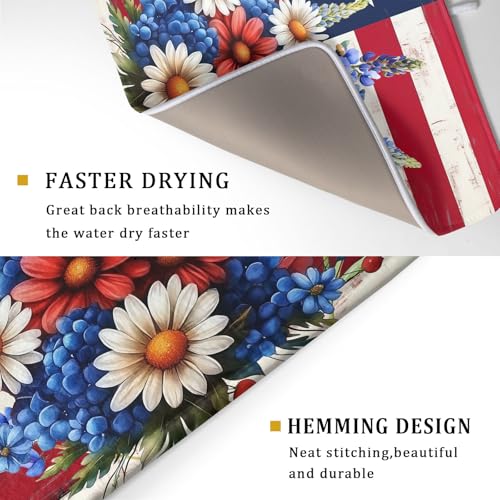 4th of July Patriotic Flower Dish Drying Mat for Kitchen Counter