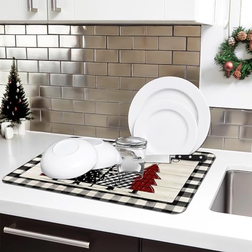 Christmas Tree Dish Drying Mat Buffalo Plaid Merry Christmas Absorbent Kitchen Drying Mat Polyester Dish Drying Pad for Kitchen Counter Farmhouse Coffee Bar Decor