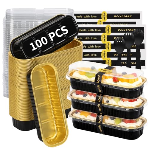100 Pack 6.8 oz Rectangular Mini Loaf Pans with Lids and Spoons (30 Count)