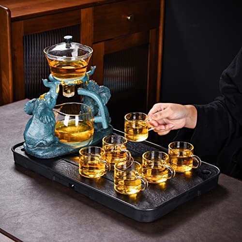 Lazy Kungfu Glass Tea Set Semi Automatic Drip Rotating with Infuser Glass Teapot Set